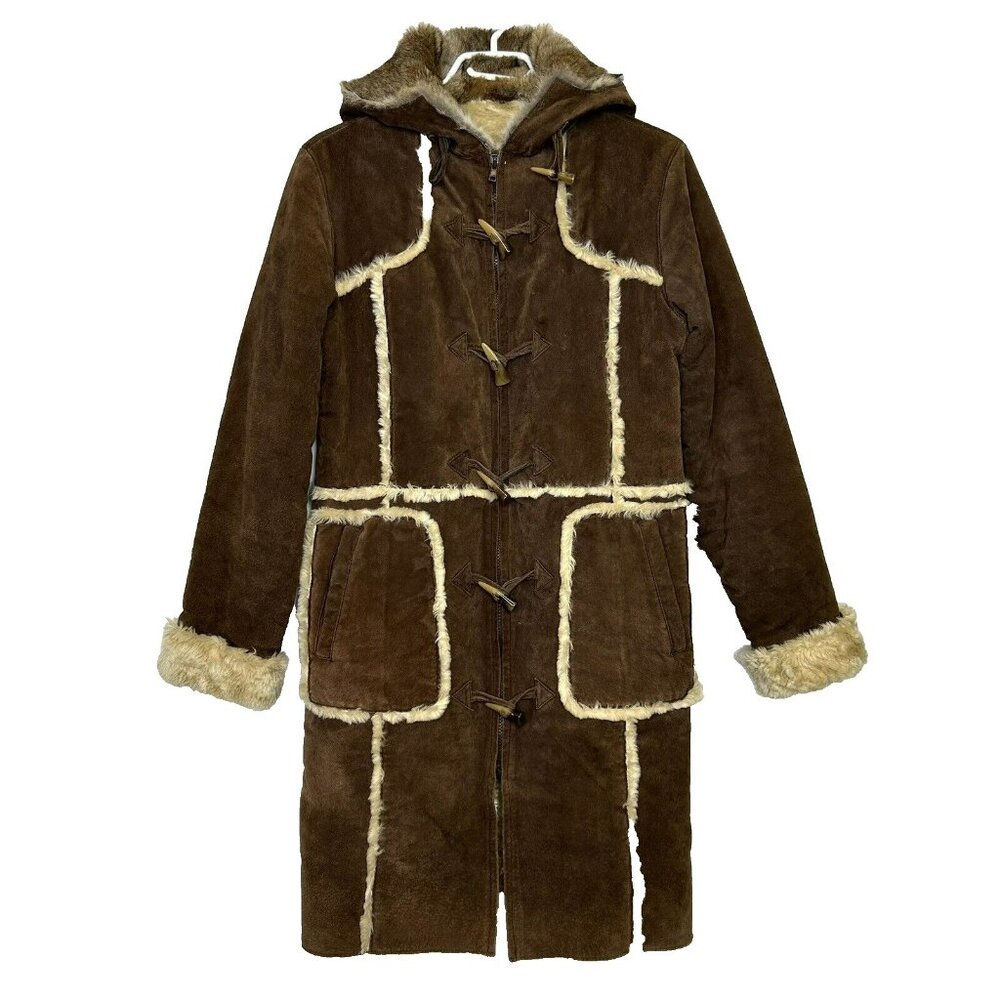 Y2K Leather Suede Coat Womens Small Boho Toggle Penny Lane Hipster Brown